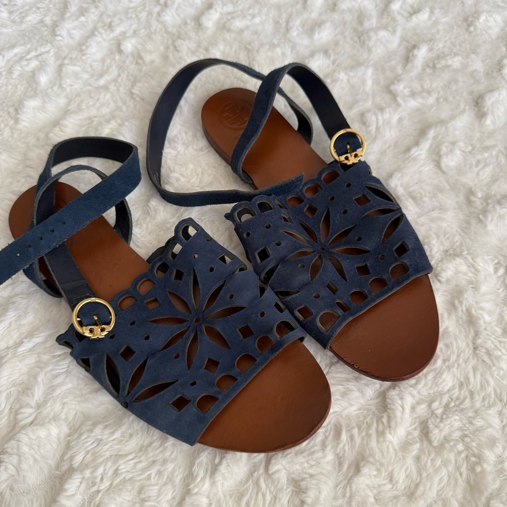 Tory Burch May Perforated Navy Open Toe Suede Ankle Strap Sandal